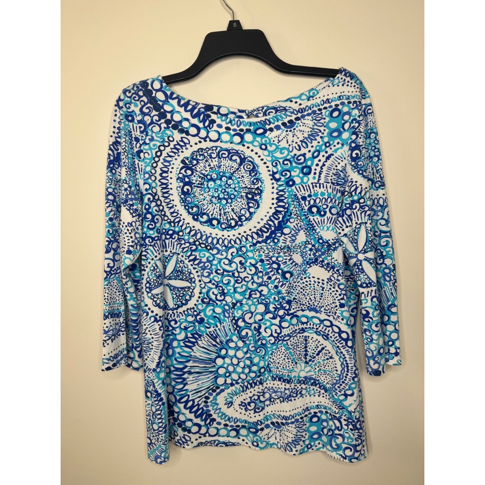 Lilly Pulitzer Etta Top Blue White Medallion Keyhole Back 3/4 Sleeve Large